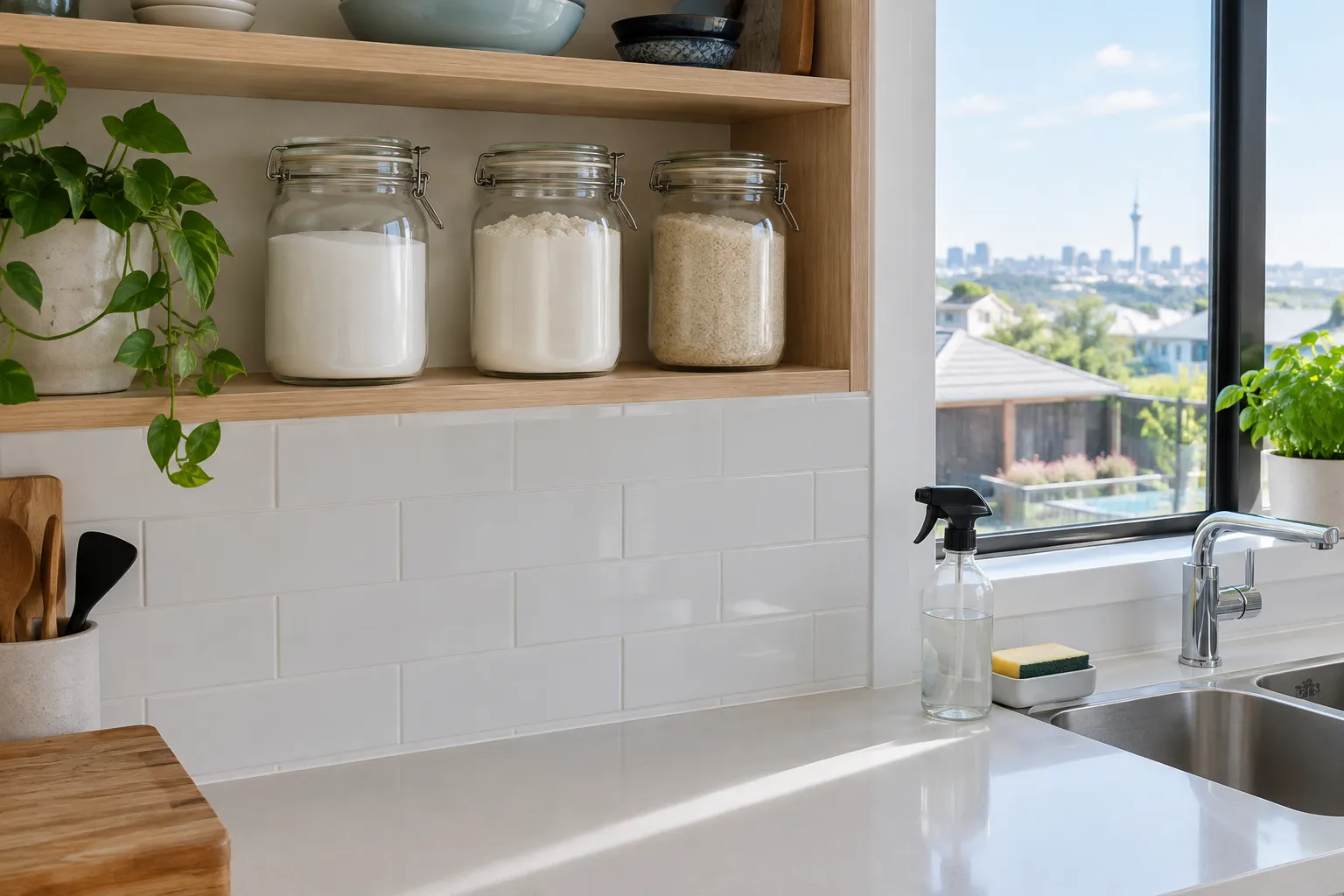 Sugar, flour and rice in sealed glass jars on a tidy pantry shelf