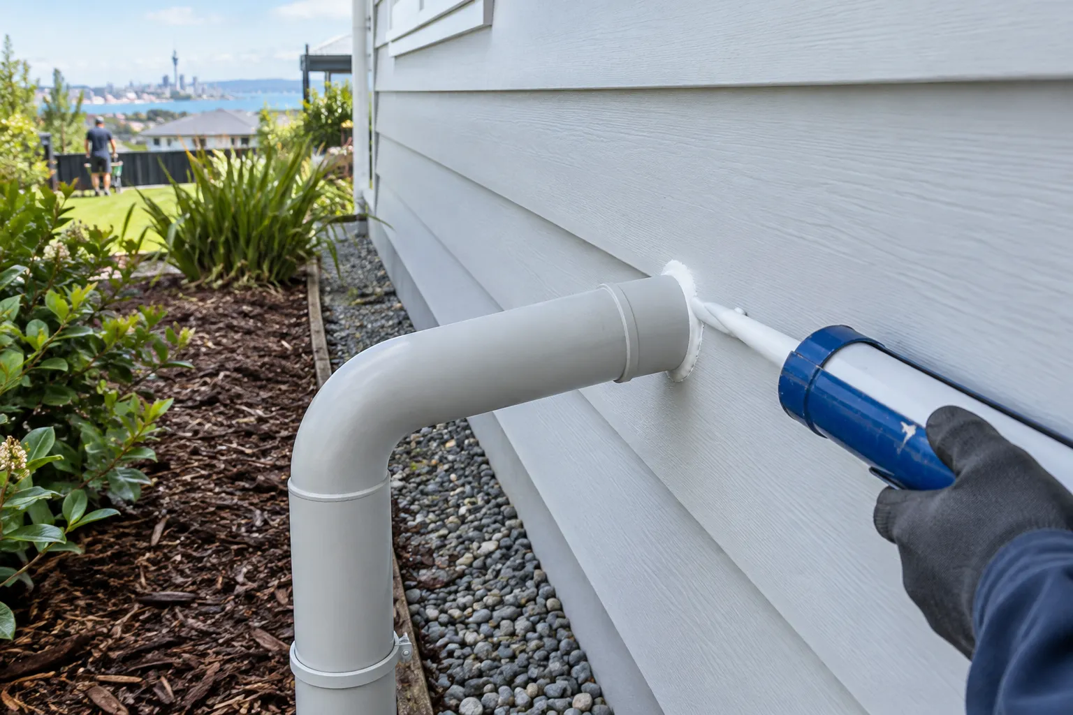 A gap around a pipe in a weatherboard wall sealed with white sealant, garden bed kept back