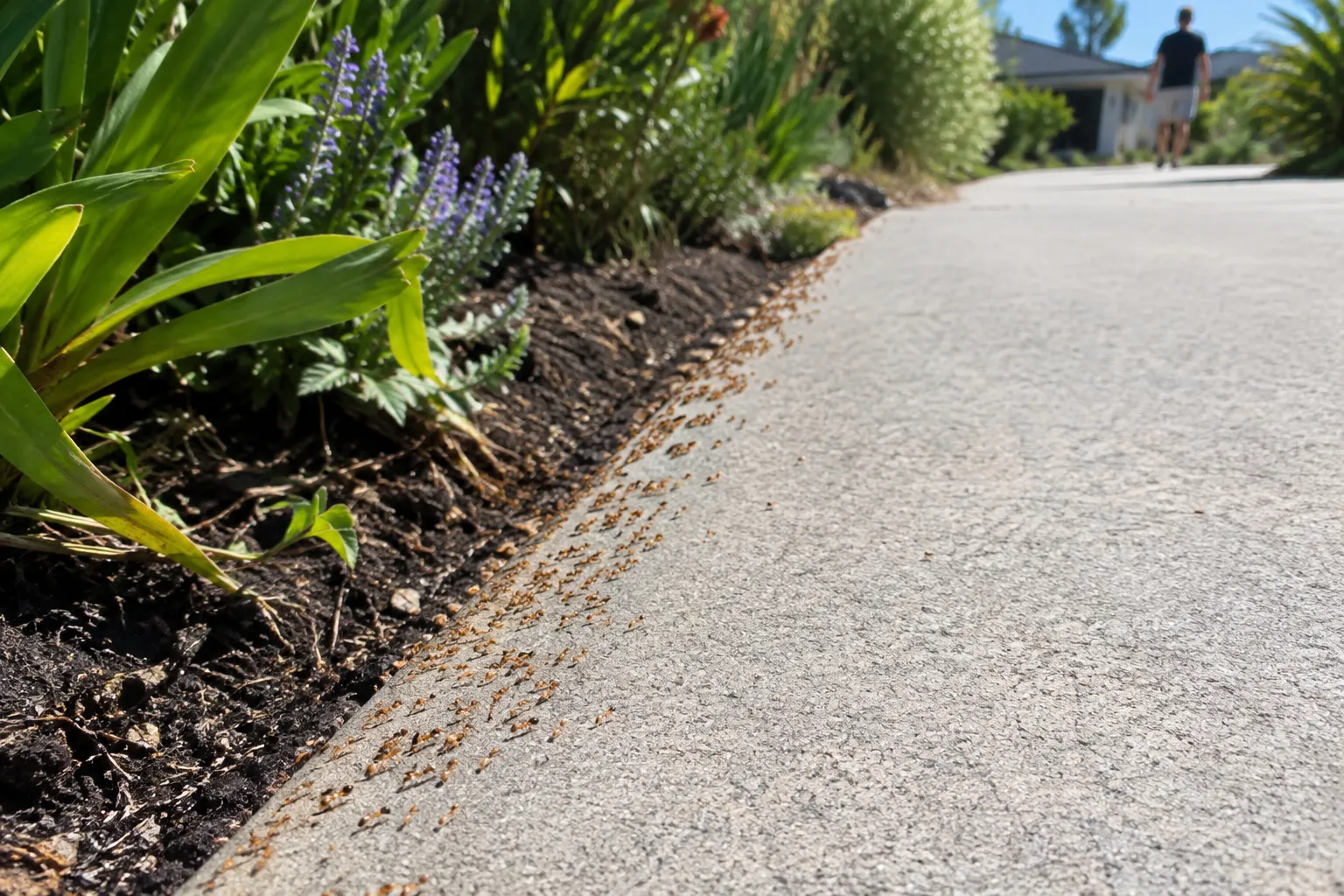 A wide trail of small light brown ants along the edge of a concrete path