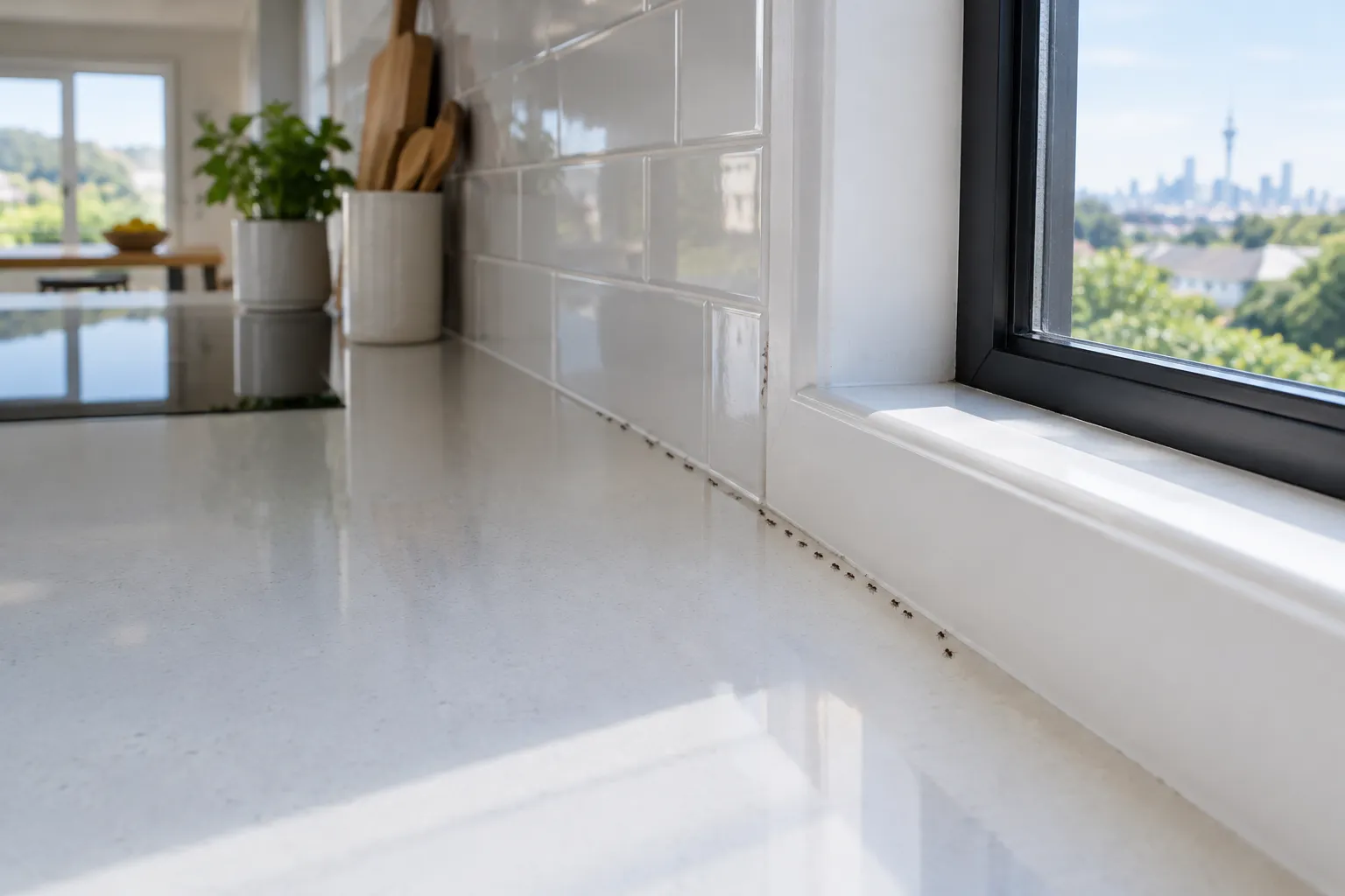 A thin trail of tiny dark ants along the edge of a white kitchen benchtop