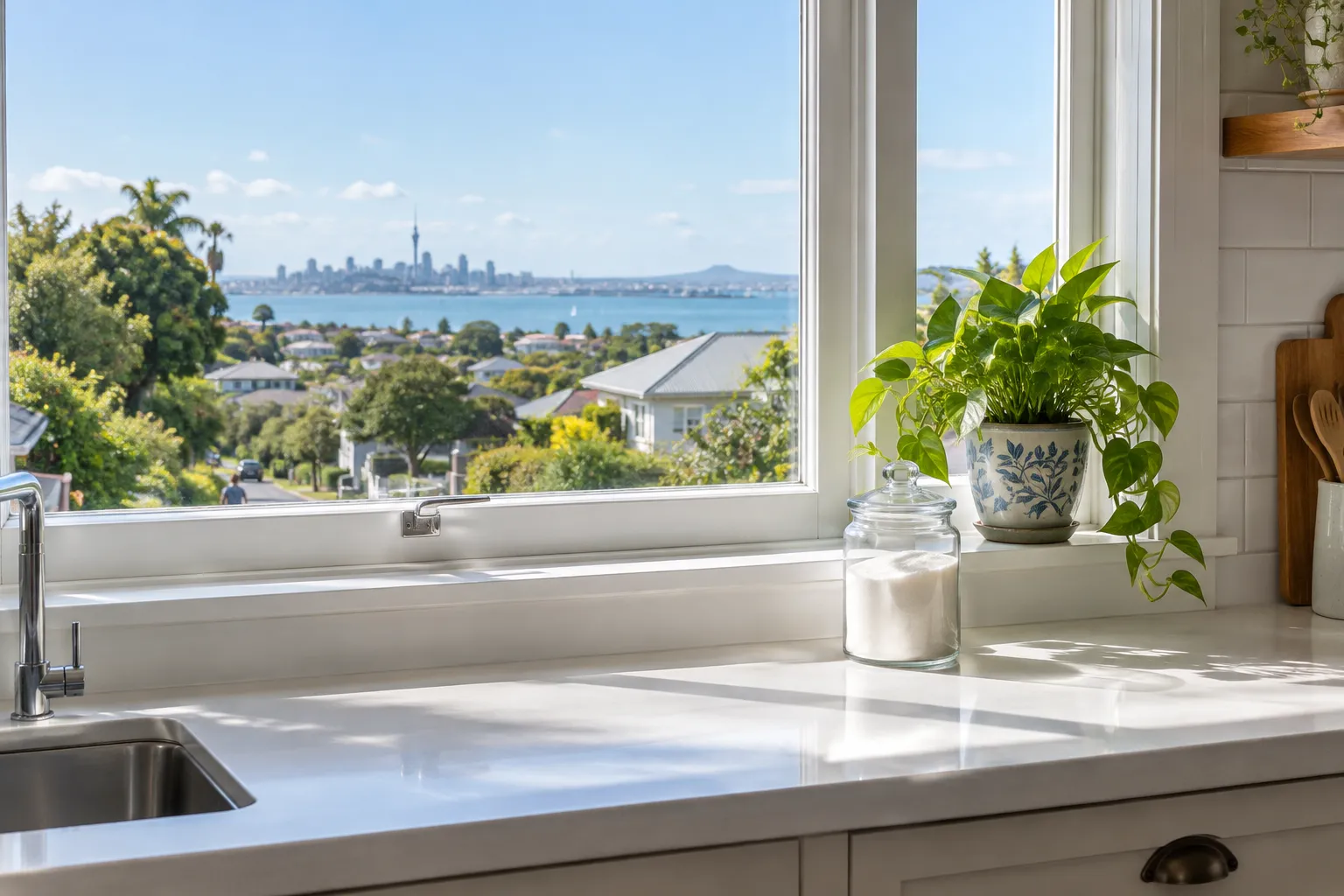 A bright, tidy kitchen bench with sealed food jars beside a sunny window