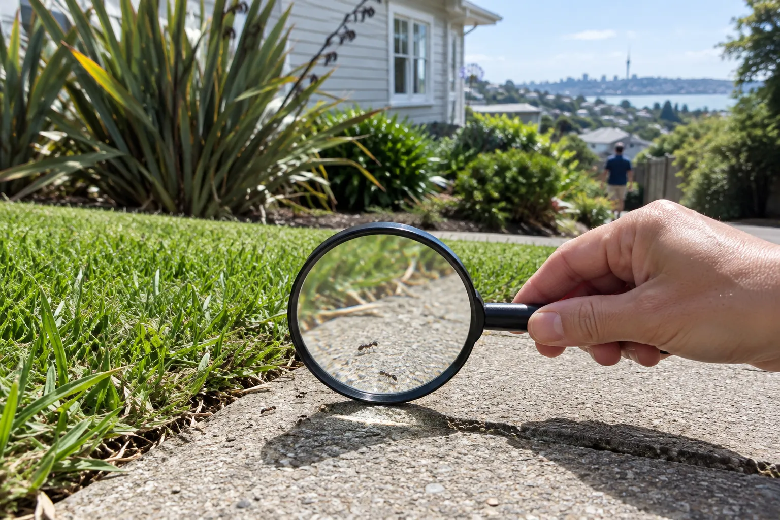 A magnifying glass held over a garden paver with a few tiny ants on it